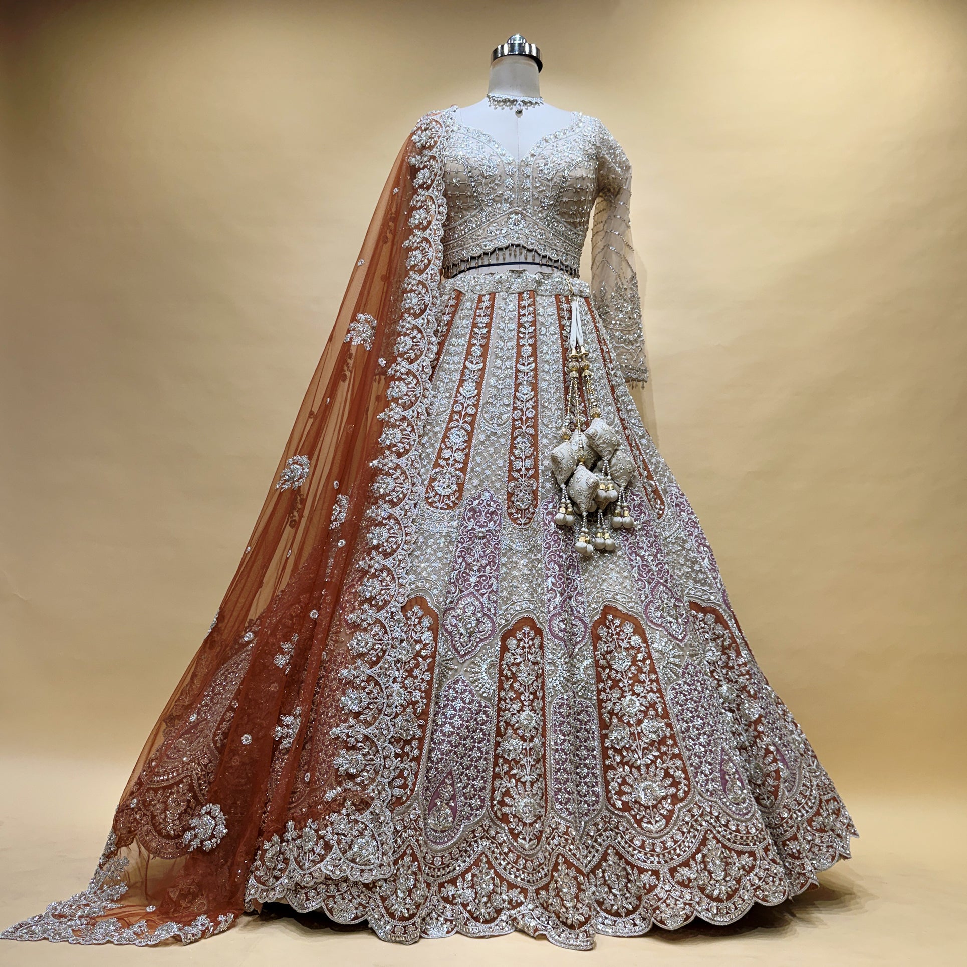 The Banaras Loom Collection: Ivory & Orange Heritage Lehenga Ensemble II – Ivory and Orange – view 1