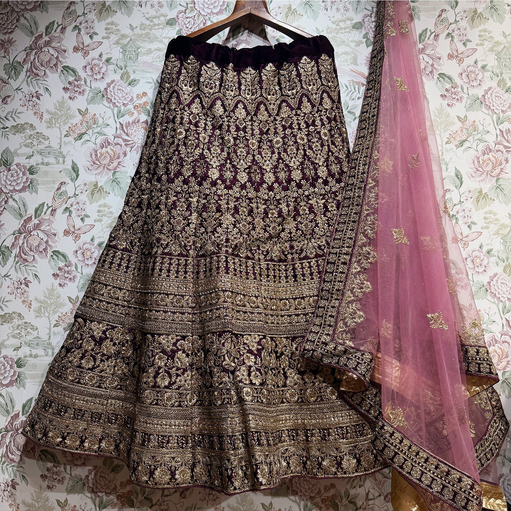 The Ananda Heirloom: Wine Heritage Lehenga Ensemble II – Wine – view 1