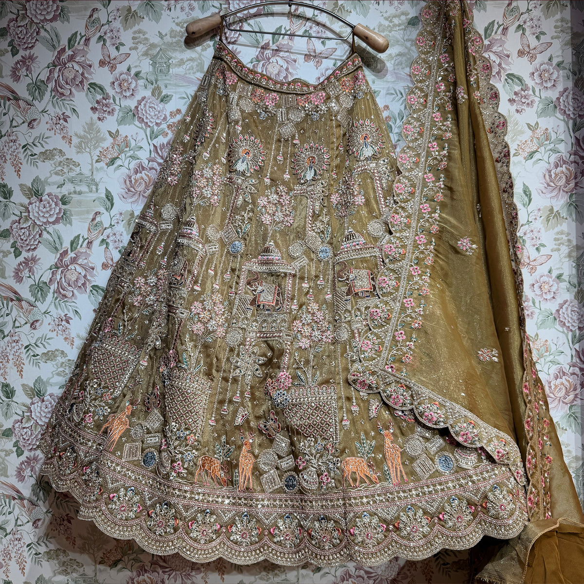 The Gulmohar Collection: Peach Lehenga Ensemble II - Olive - view 3