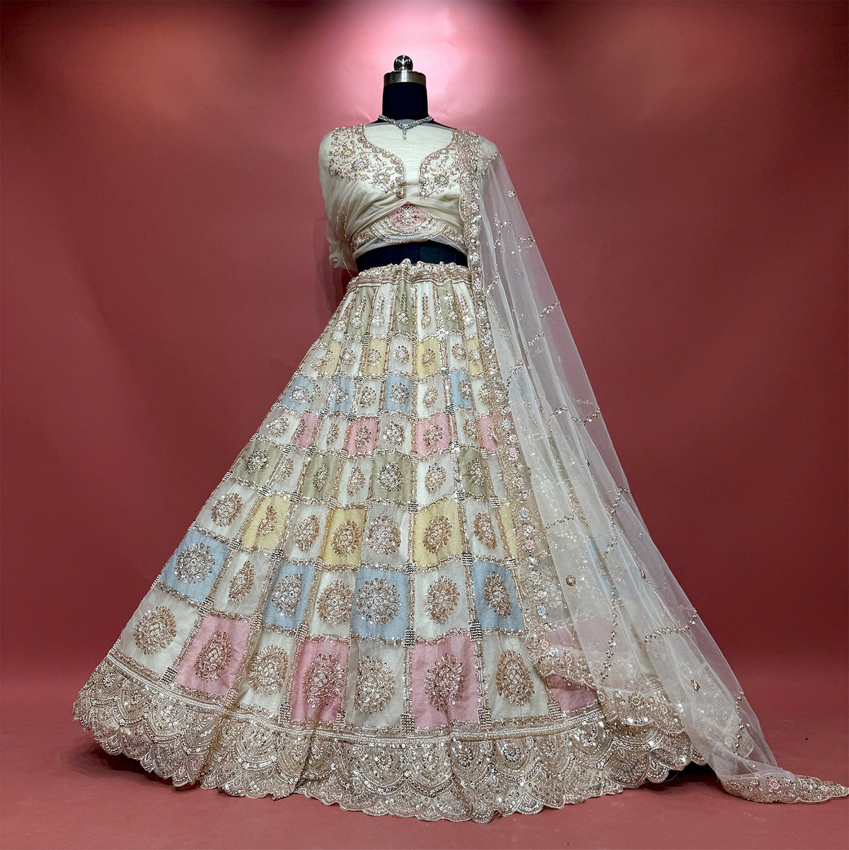 The Aangan Collection: Off White Multi Colour Lehenga Ensemble - Off White Multi Colour - view 1
