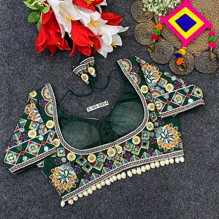 Navratri Italian Silk Blouse – Kodi & Mirror Work, Sweetheart Neck - Des- 6854