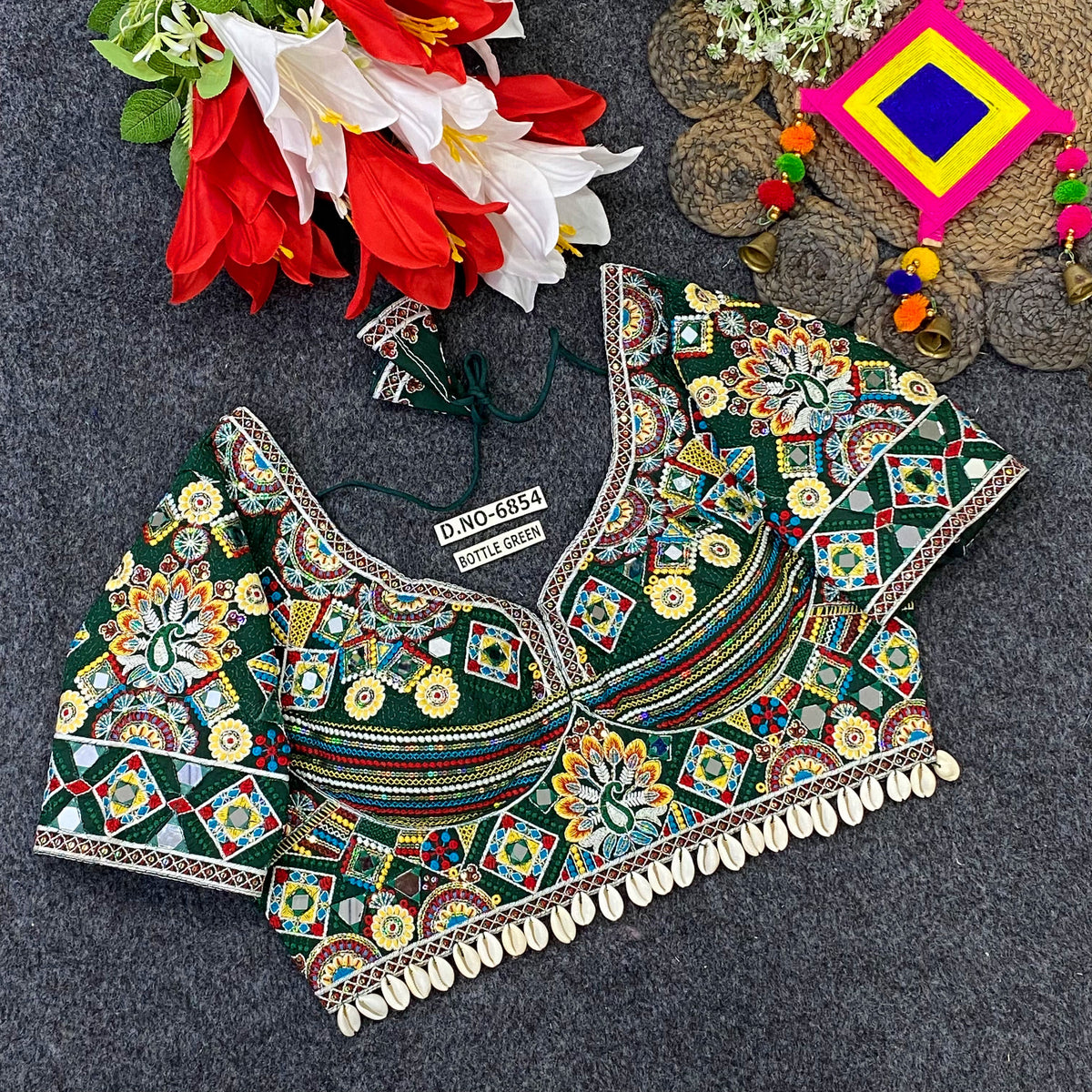 Navratri Italian Silk Blouse – Kodi & Mirror Work, Sweetheart Neck - Des- 6854