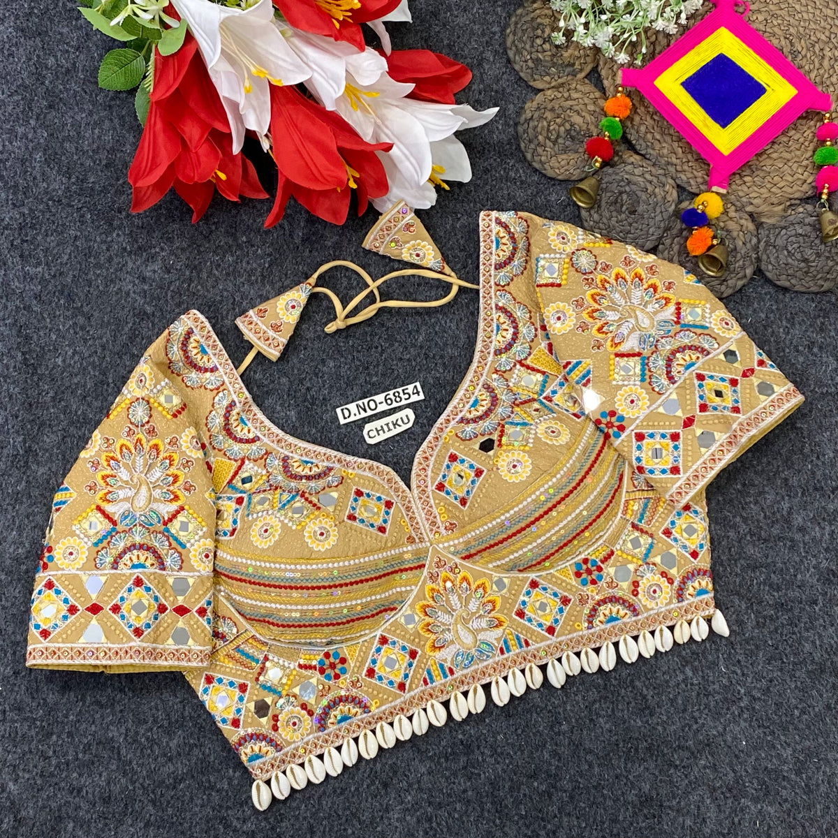 Navratri Italian Silk Blouse – Kodi & Mirror Work, Sweetheart Neck - Des- 6854