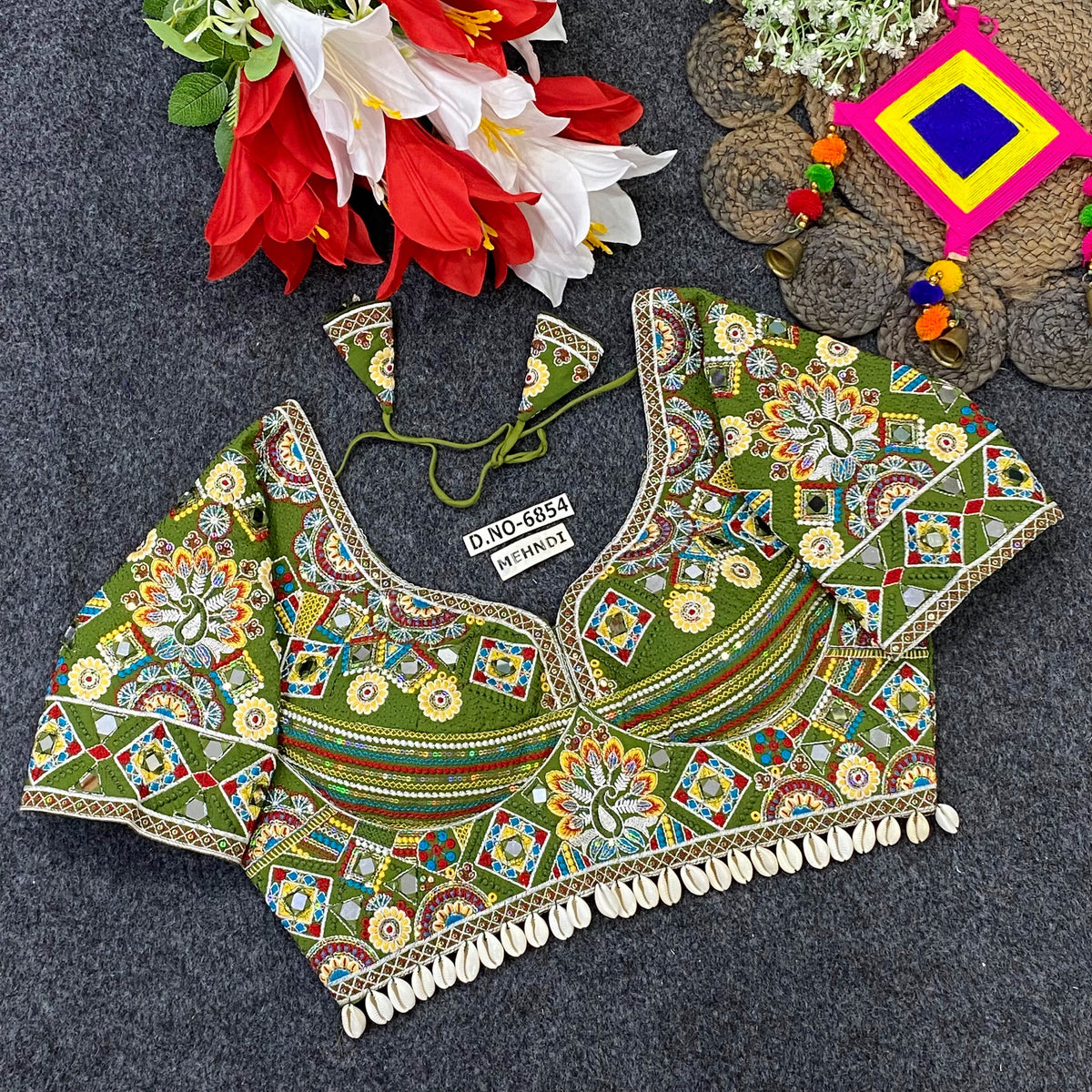 Navratri Italian Silk Blouse – Kodi & Mirror Work, Sweetheart Neck - Des- 6854