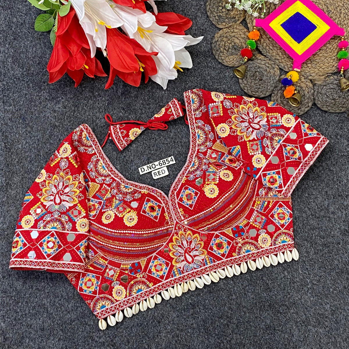 Navratri Italian Silk Blouse – Kodi & Mirror Work, Sweetheart Neck - Des- 6854