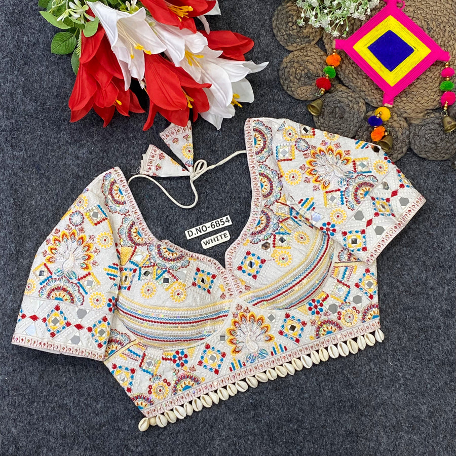 Navratri Italian Silk Blouse – Kodi & Mirror Work, Sweetheart Neck - Des- 6854
