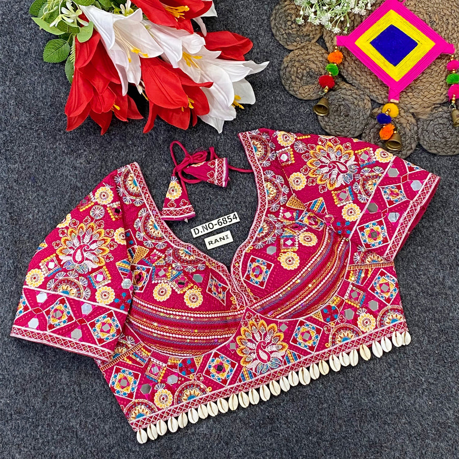 Navratri Italian Silk Blouse – Kodi & Mirror Work, Sweetheart Neck - Des- 6854