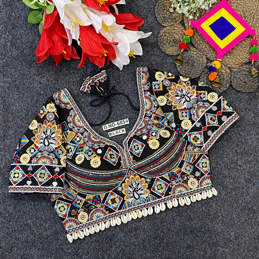 Navratri Italian Silk Blouse – Kodi & Mirror Work, Sweetheart Neck - Des- 6854
