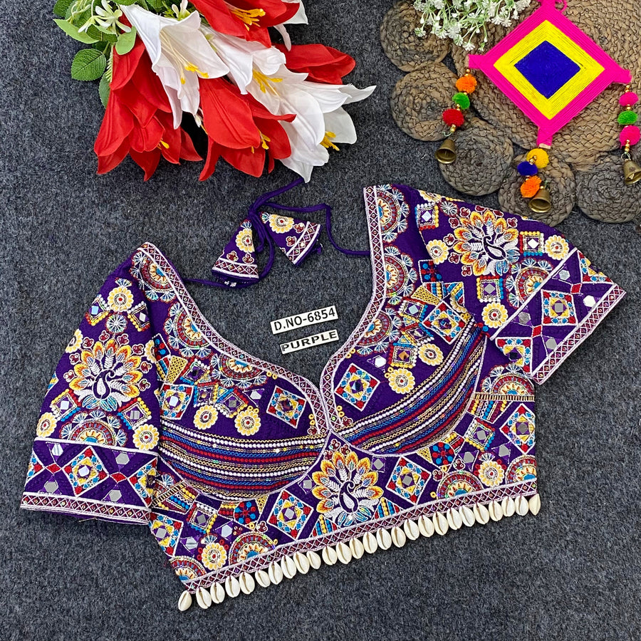 Navratri Italian Silk Blouse – Kodi & Mirror Work, Sweetheart Neck - Des- 6854