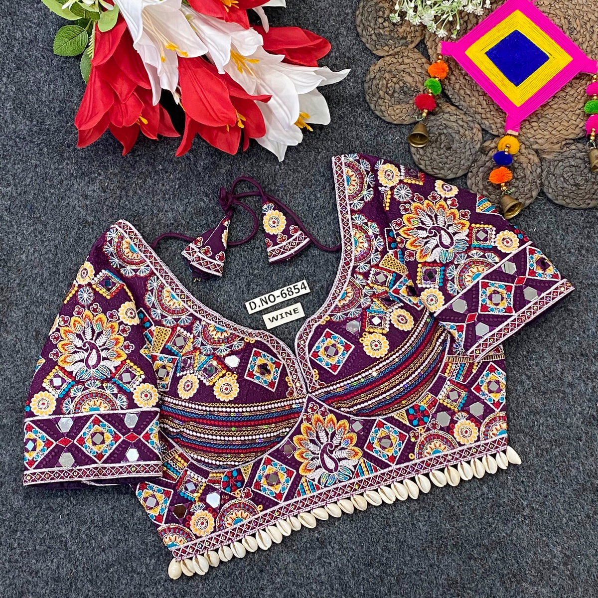 Navratri Italian Silk Blouse – Kodi & Mirror Work, Sweetheart Neck - Des- 6854