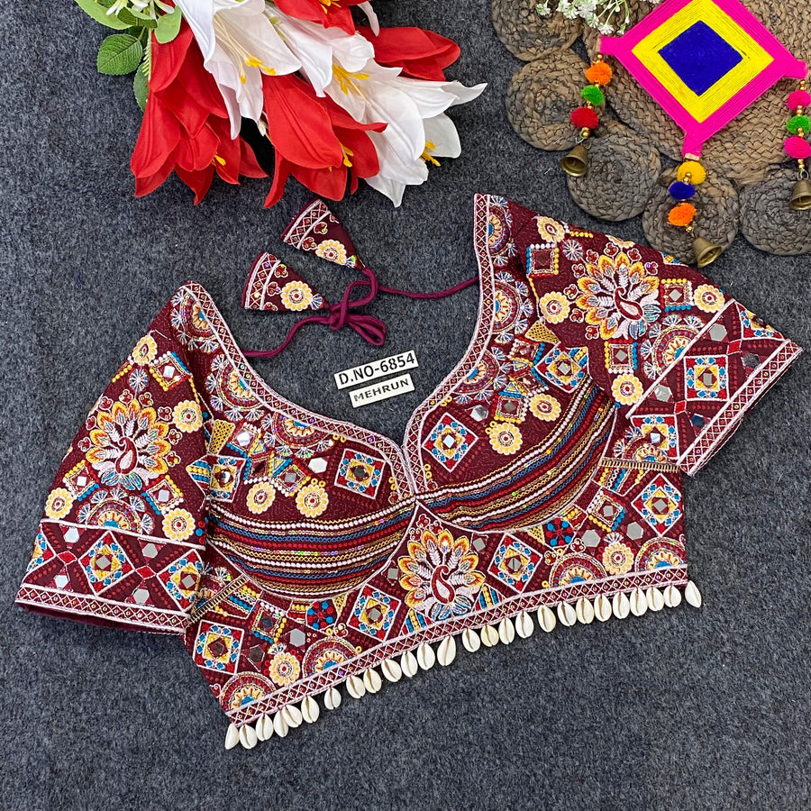 Navratri Italian Silk Blouse – Kodi & Mirror Work, Sweetheart Neck - Des- 6854