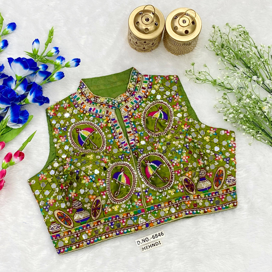 Navratri Collar Neck Front Open Spaghetti Blouse - Des- 6846
