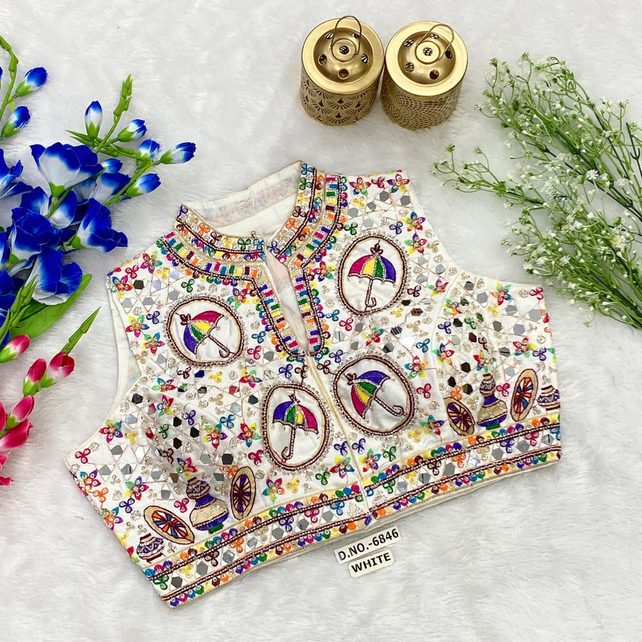 Navratri Collar Neck Front Open Spaghetti Blouse - Des- 6846