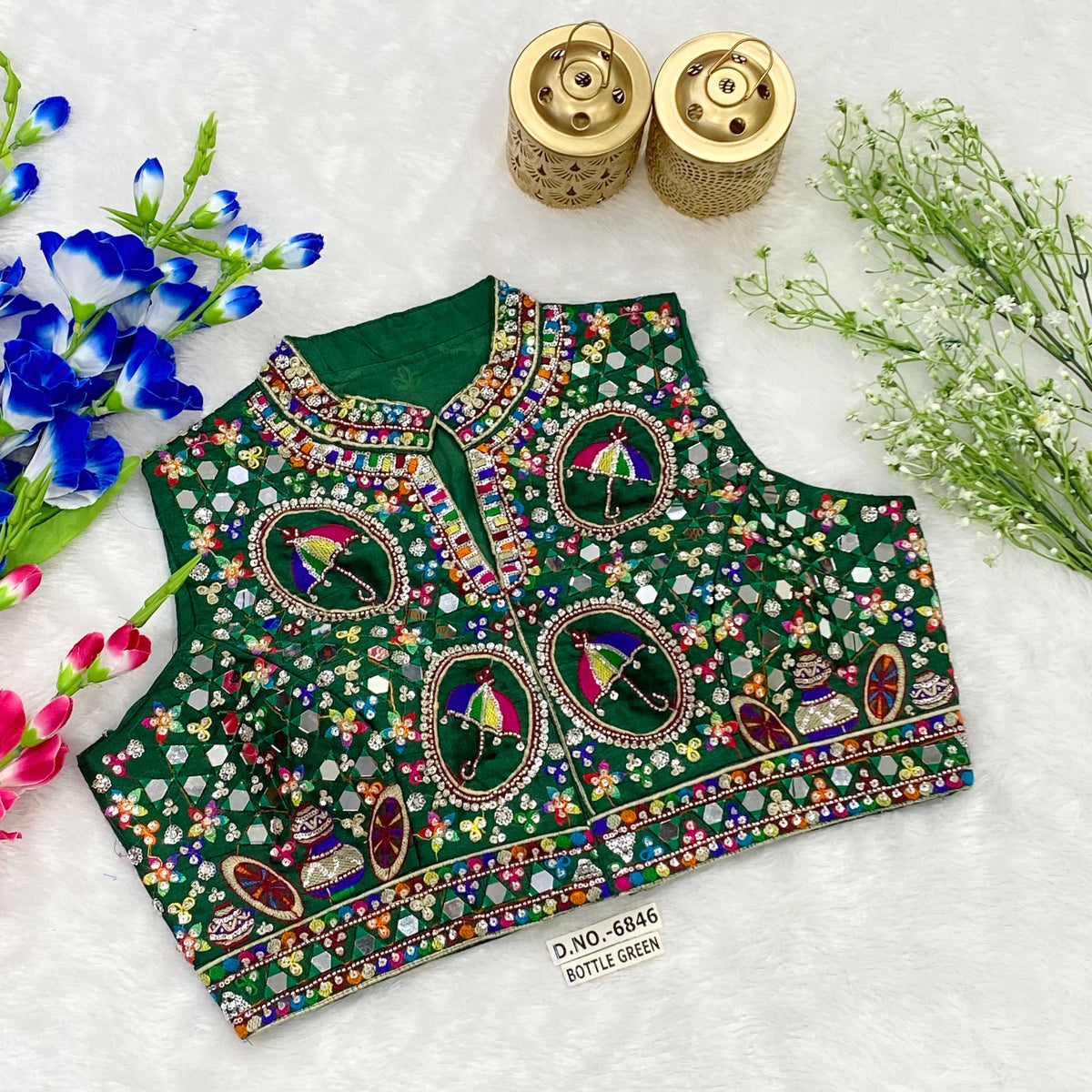Navratri Collar Neck Front Open Spaghetti Blouse - Des- 6846