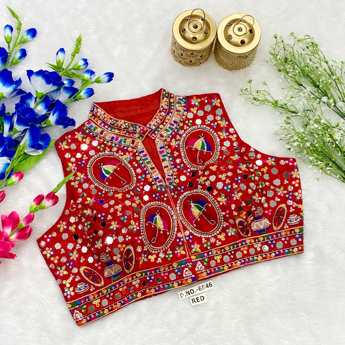 Navratri Collar Neck Front Open Spaghetti Blouse - Des- 6846