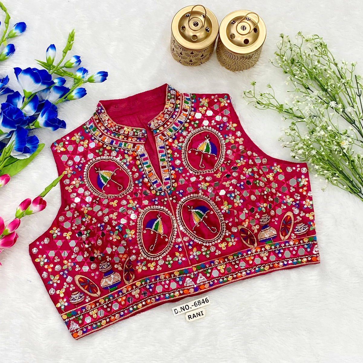 Navratri Collar Neck Front Open Spaghetti Blouse - Des- 6846