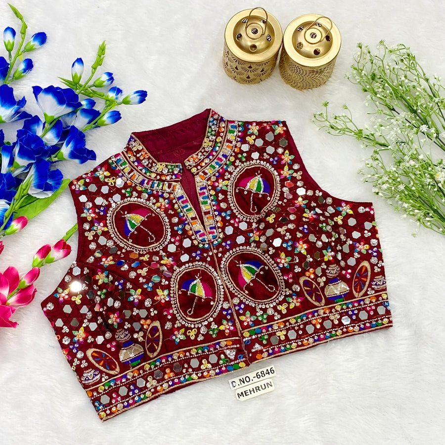 Navratri Collar Neck Front Open Spaghetti Blouse - Des- 6846