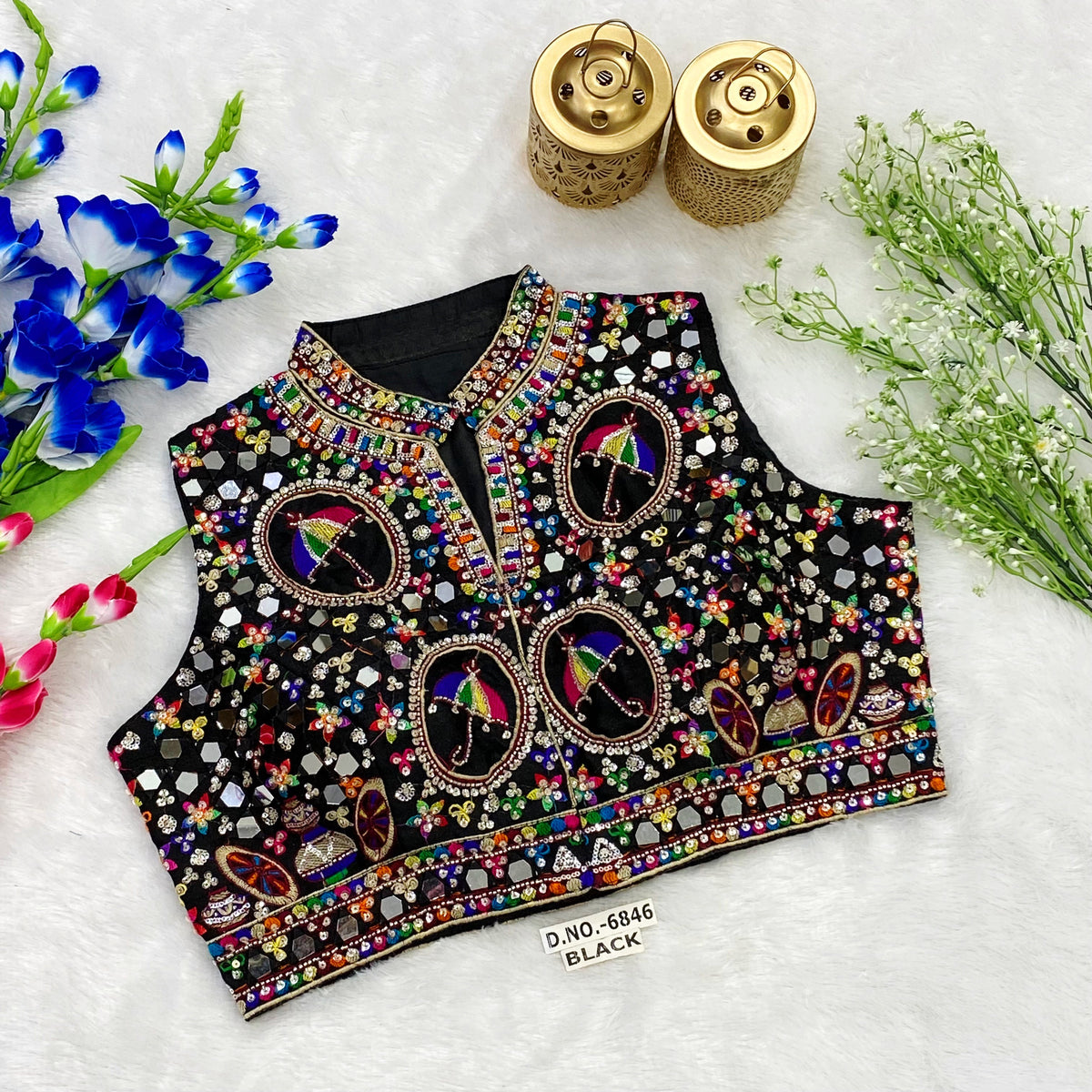 Navratri Collar Neck Front Open Spaghetti Blouse - Des- 6846