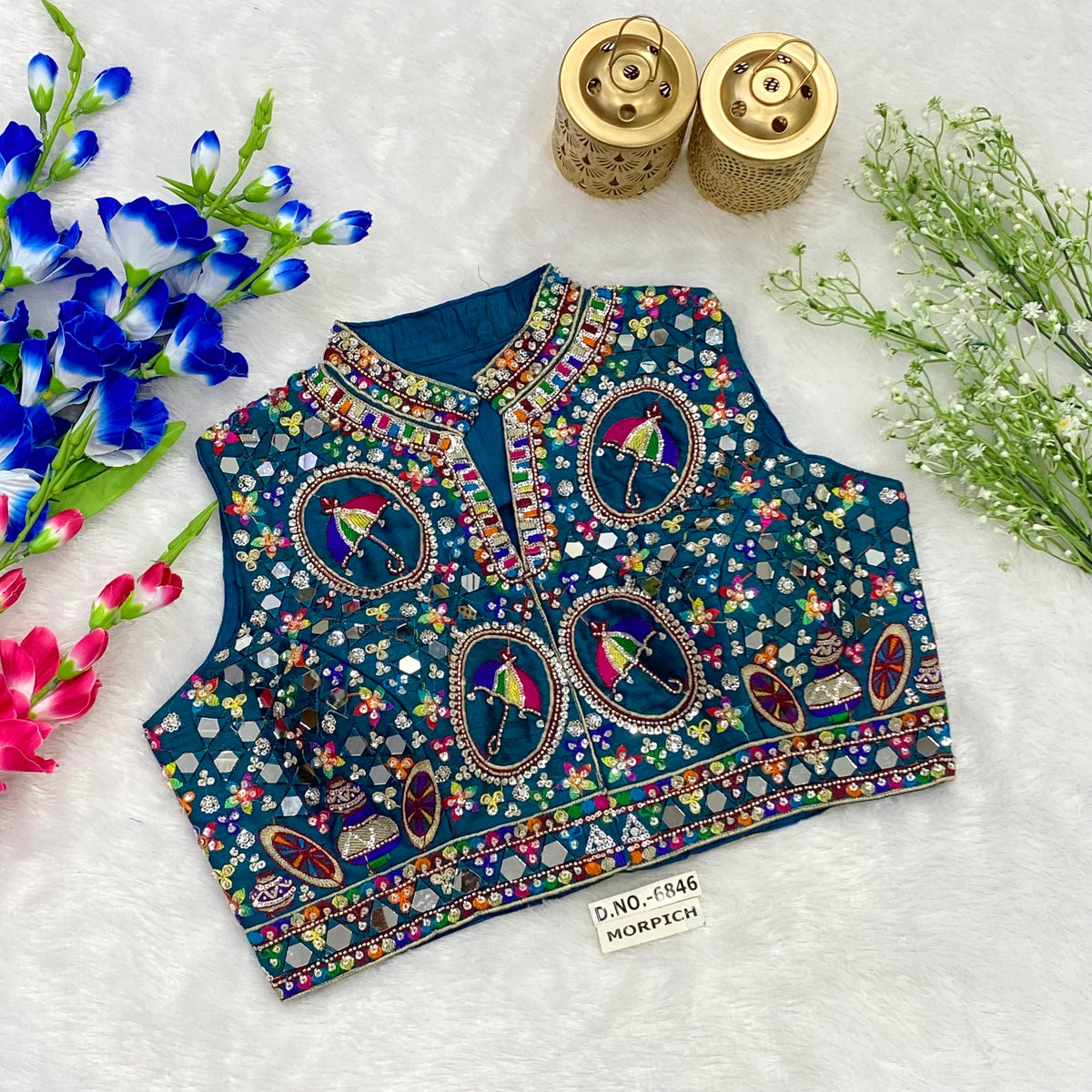 Navratri Collar Neck Front Open Spaghetti Blouse - Des- 6846