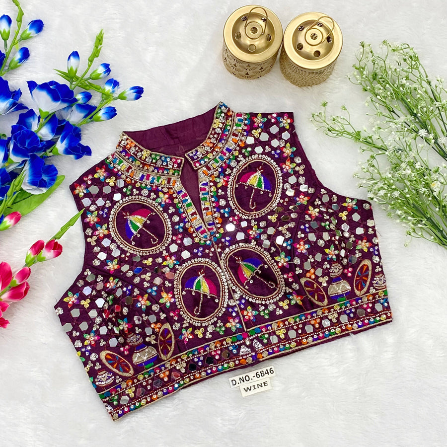 Navratri Collar Neck Front Open Spaghetti Blouse - Des- 6846