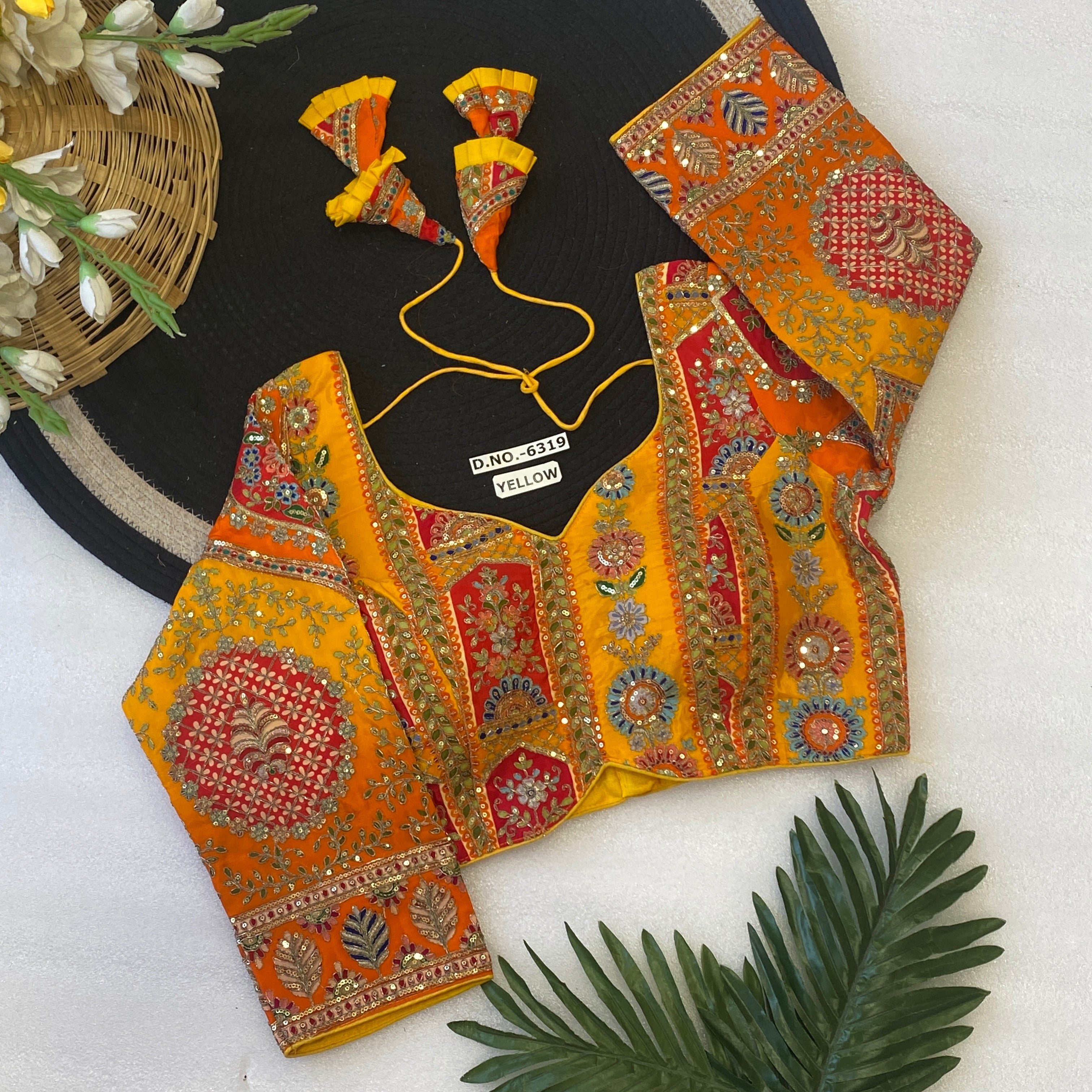 Viscose Crepe Position Printed Blouse | Coding & Sequin Work Sweetheart Neck Designer Blouse - Des- 6319 – Yellow – view 5