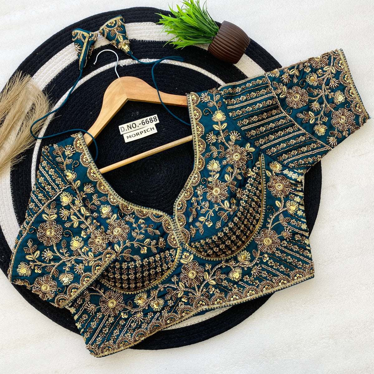 Sabyasachi Pattern Bridal Blouse - Heavy Handwork Italian Silk - Des- 6688 – Botte Green – view 8