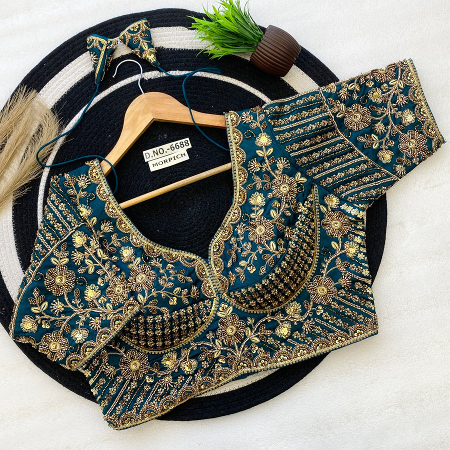 Sabyasachi Pattern Bridal Blouse - Heavy Handwork Italian Silk - Des- 6688