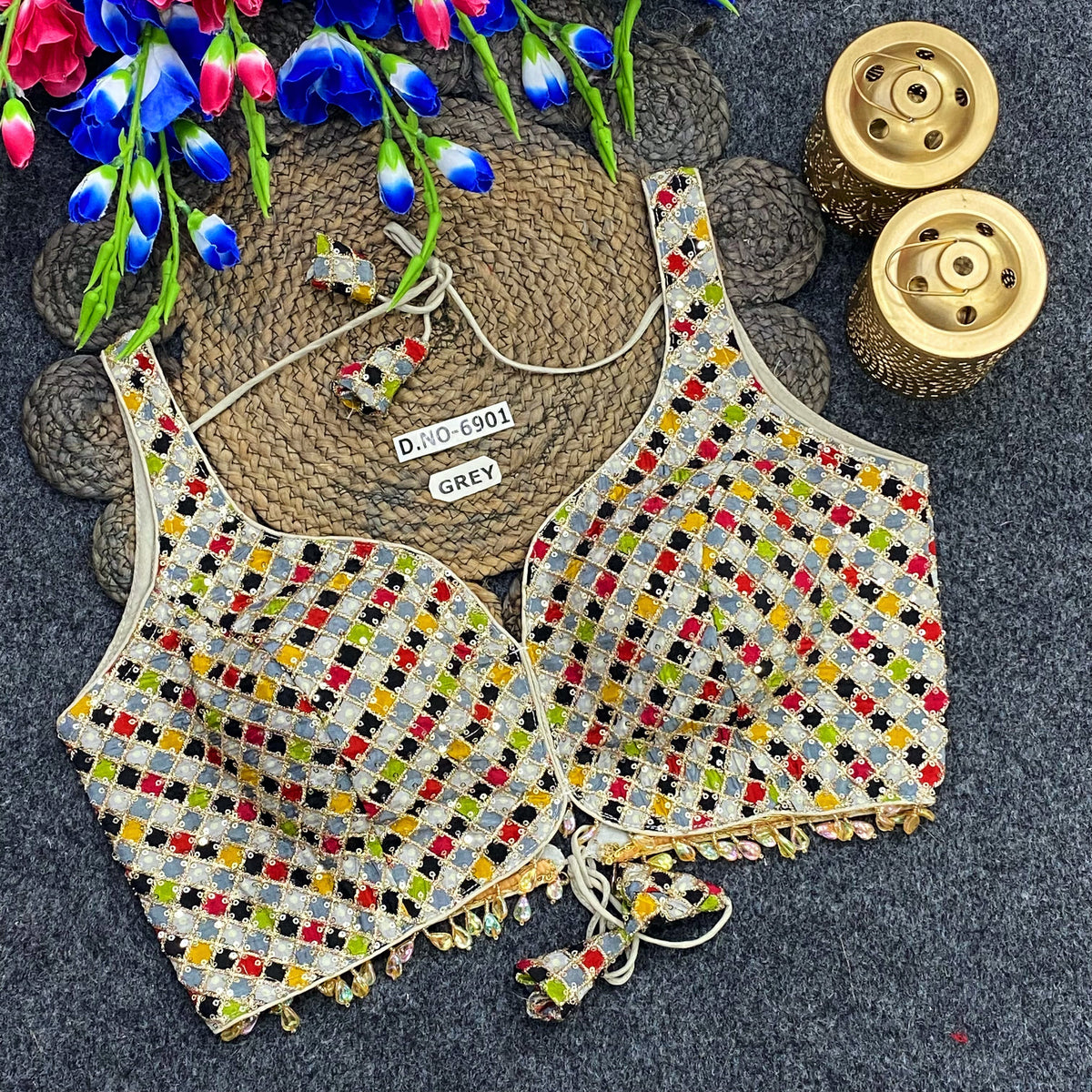 Navratri Spaghetti Crystal Drop Latkan Blouse - Des- 6901