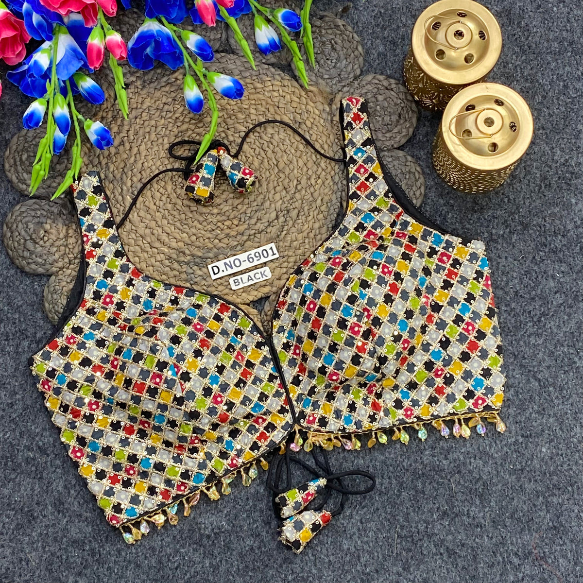 Navratri Spaghetti Crystal Drop Latkan Blouse - Des- 6901