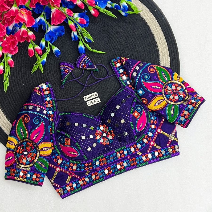 Navratri Italian Silk Blouse – Masaba-Style Pattern, Mirror & Bead Work, Back Open - Des- 6932