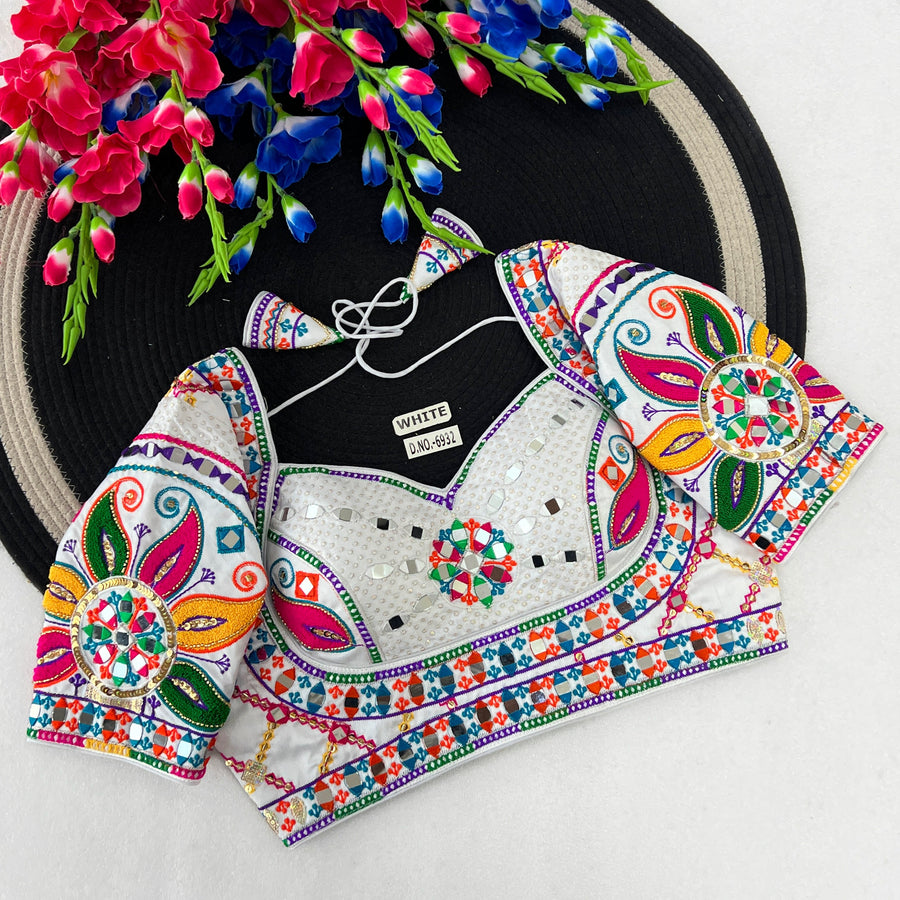 Navratri Italian Silk Blouse – Masaba-Style Pattern, Mirror & Bead Work, Back Open - Des- 6932