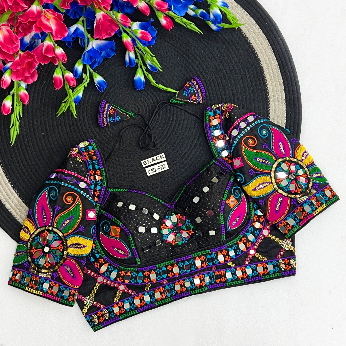 Navratri Italian Silk Blouse – Masaba-Style Pattern, Mirror & Bead Work, Back Open - Des- 6932