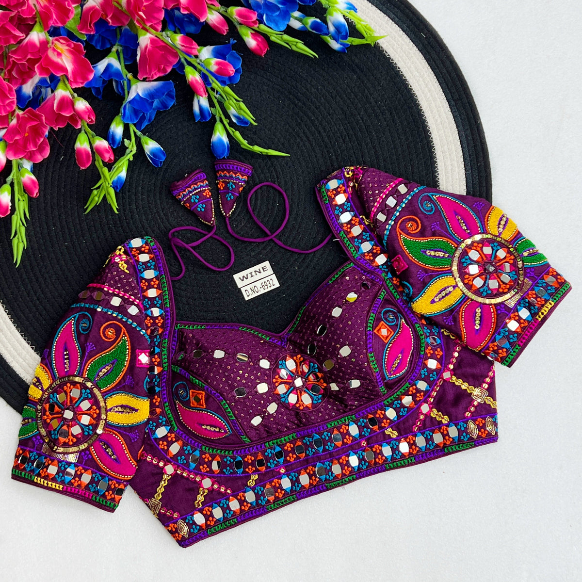 Navratri Italian Silk Blouse – Masaba-Style Pattern, Mirror & Bead Work, Back Open - Des- 6932
