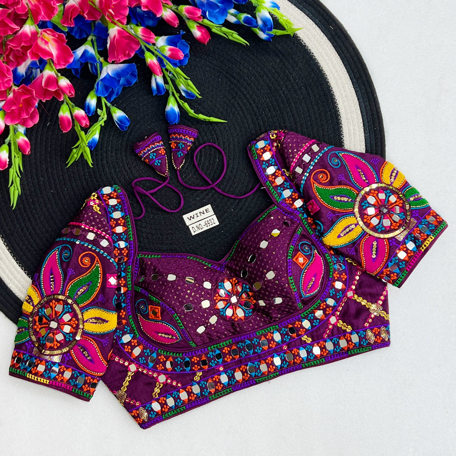 Navratri Italian Silk Blouse – Masaba-Style Pattern, Mirror & Bead Work, Back Open - Des- 6932