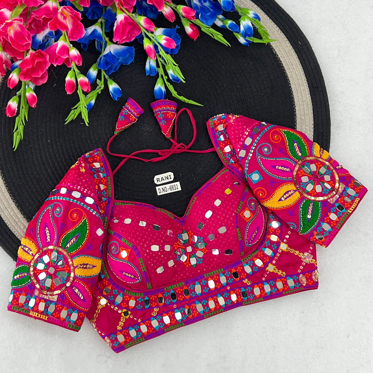 Navratri Italian Silk Blouse – Masaba-Style Pattern, Mirror & Bead Work, Back Open - Des- 6932