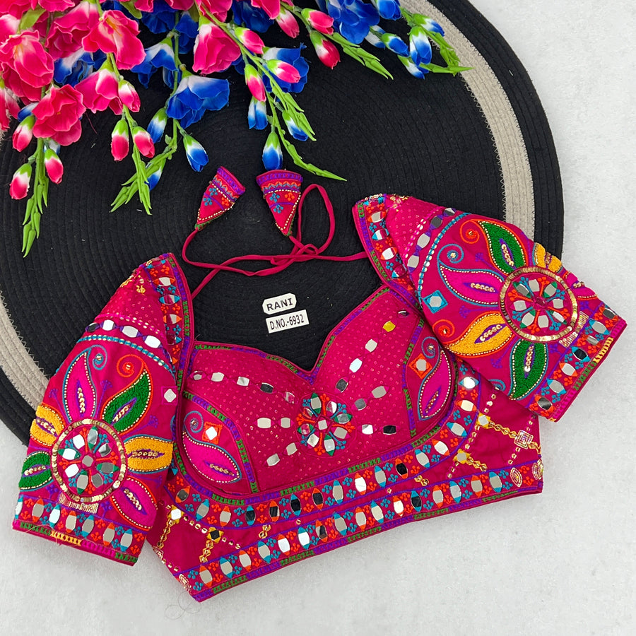 Navratri Italian Silk Blouse – Masaba-Style Pattern, Mirror & Bead Work, Back Open - Des- 6932