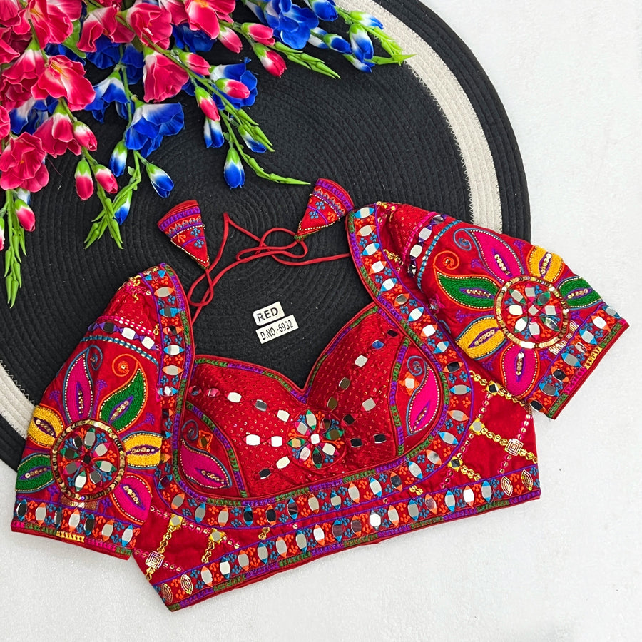 Navratri Italian Silk Blouse – Masaba-Style Pattern, Mirror & Bead Work, Back Open - Des- 6932