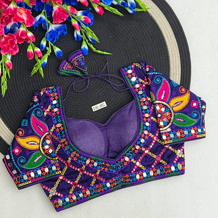 Navratri Italian Silk Blouse – Masaba-Style Pattern, Mirror & Bead Work, Back Open - Des- 6932