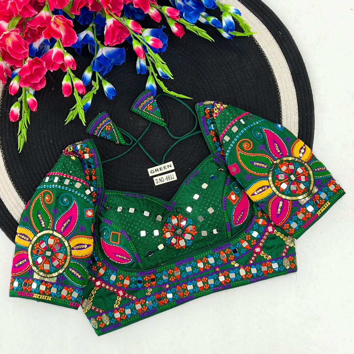 Navratri Italian Silk Blouse – Masaba-Style Pattern, Mirror & Bead Work, Back Open - Des- 6932