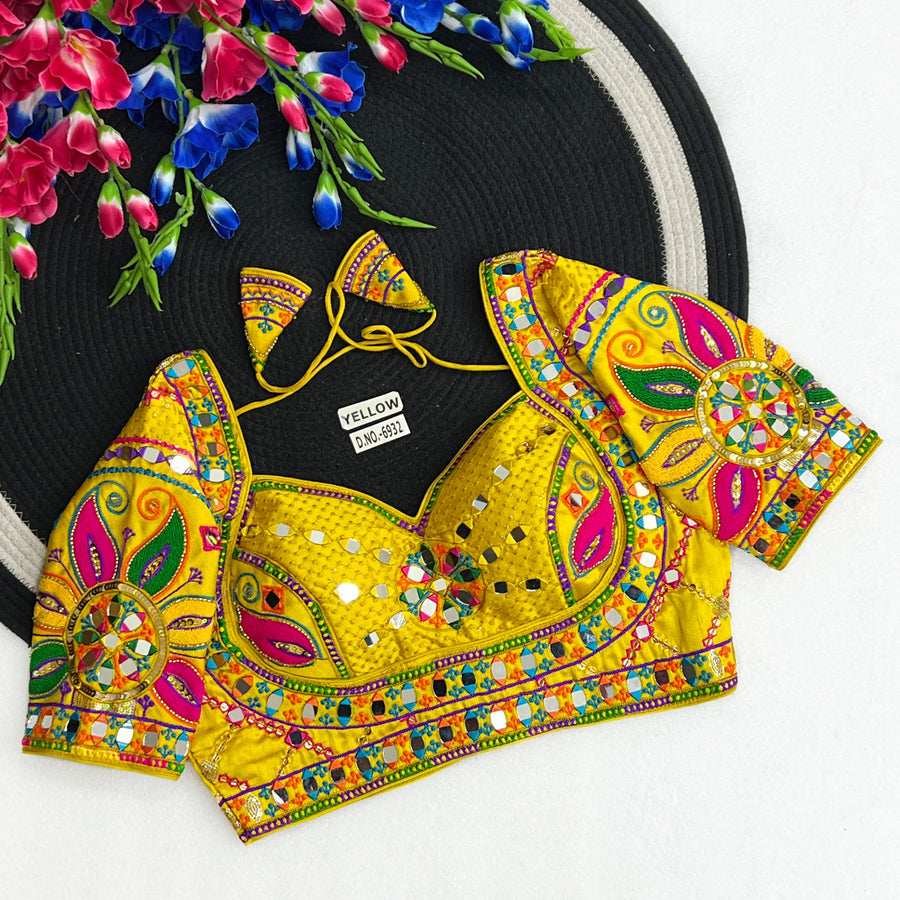 Navratri Italian Silk Blouse – Masaba-Style Pattern, Mirror & Bead Work, Back Open - Des- 6932