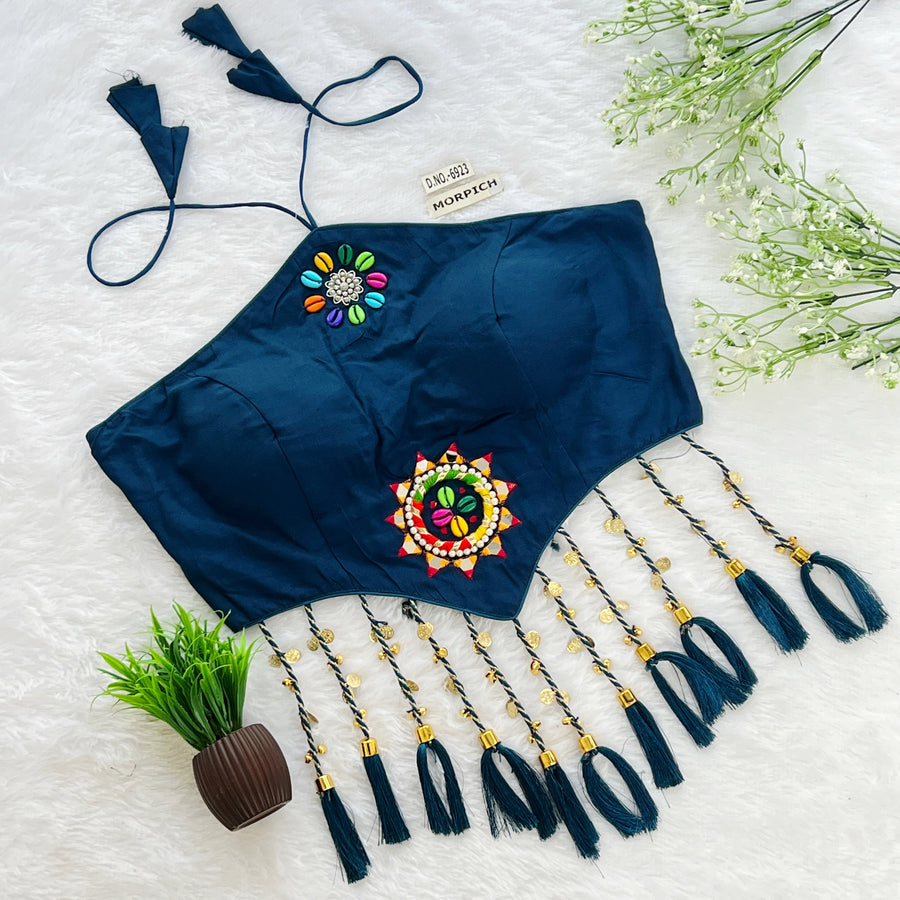 Navratri Halter Neck Bralette Blouse – Kodi & Mirror Work with Tassels (38"-44") - Des- 6923