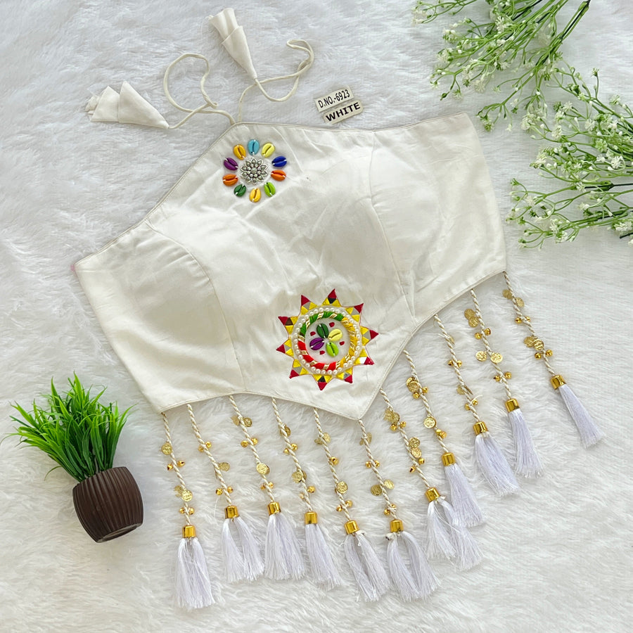 Navratri Halter Neck Bralette Blouse – Kodi & Mirror Work with Tassels (38"-44") - Des- 6923