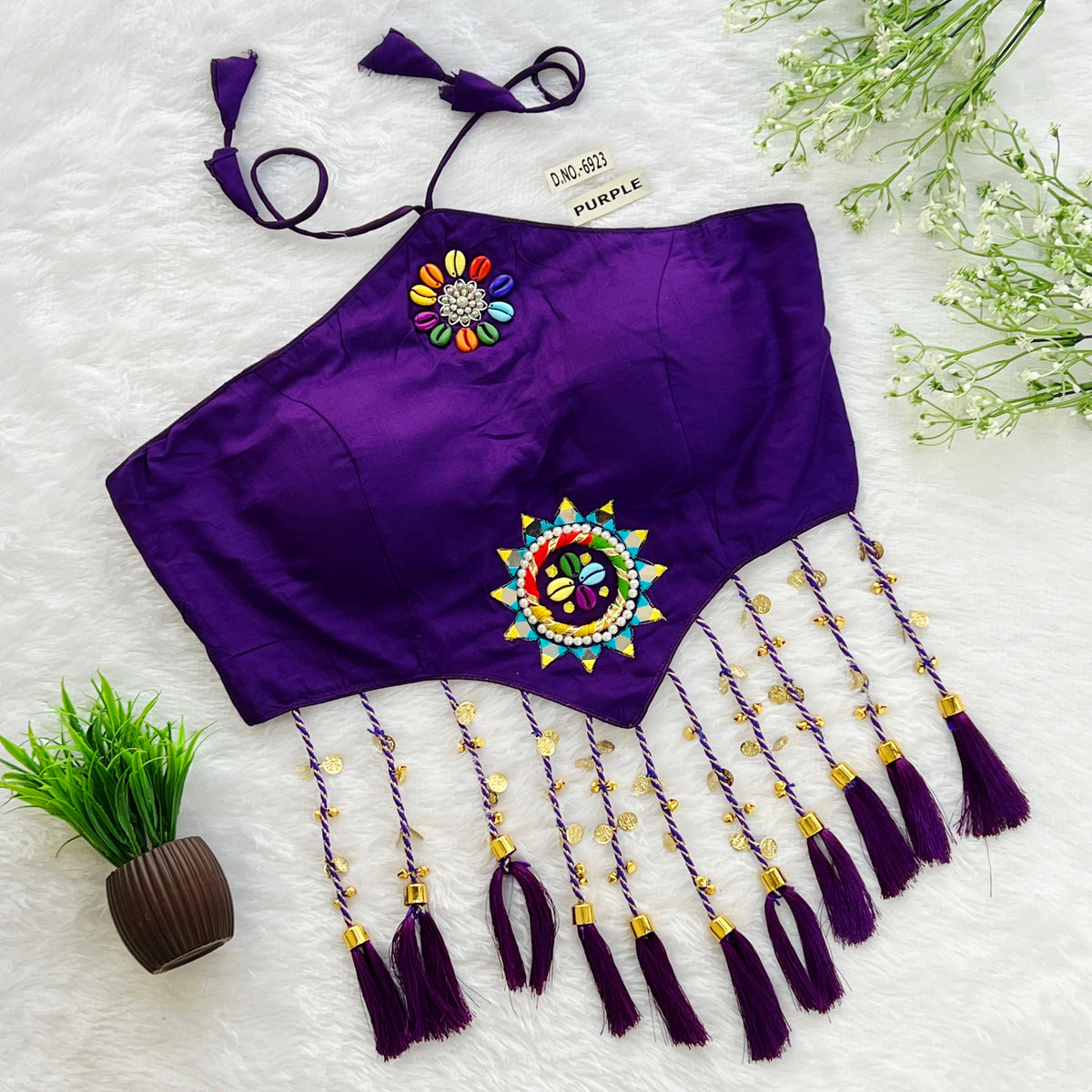 Navratri Halter Neck Bralette Blouse – Kodi & Mirror Work with Tassels (38"-44") - Des- 6923