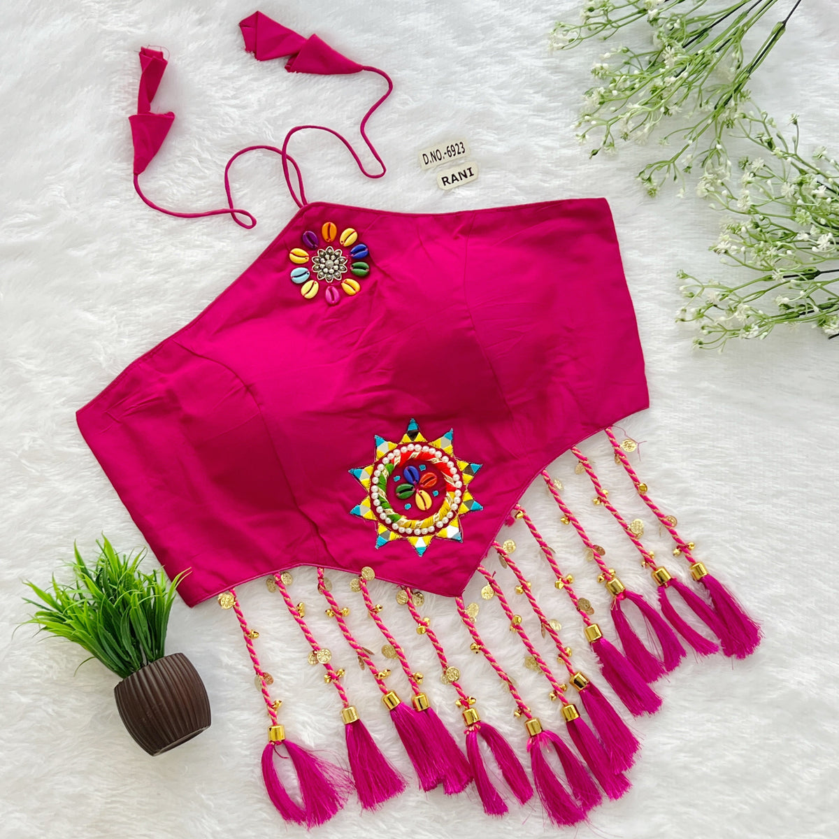 Navratri Halter Neck Bralette Blouse – Kodi & Mirror Work with Tassels (38"-44") - Des- 6923