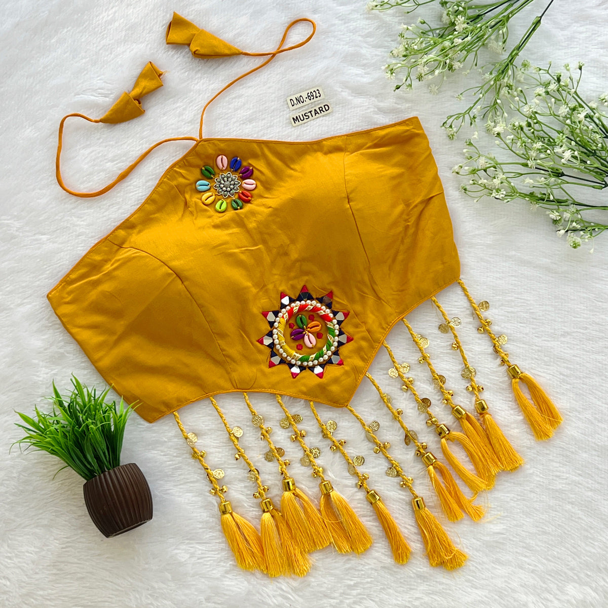 Navratri Halter Neck Bralette Blouse – Kodi & Mirror Work with Tassels (38"-44") - Des- 6923