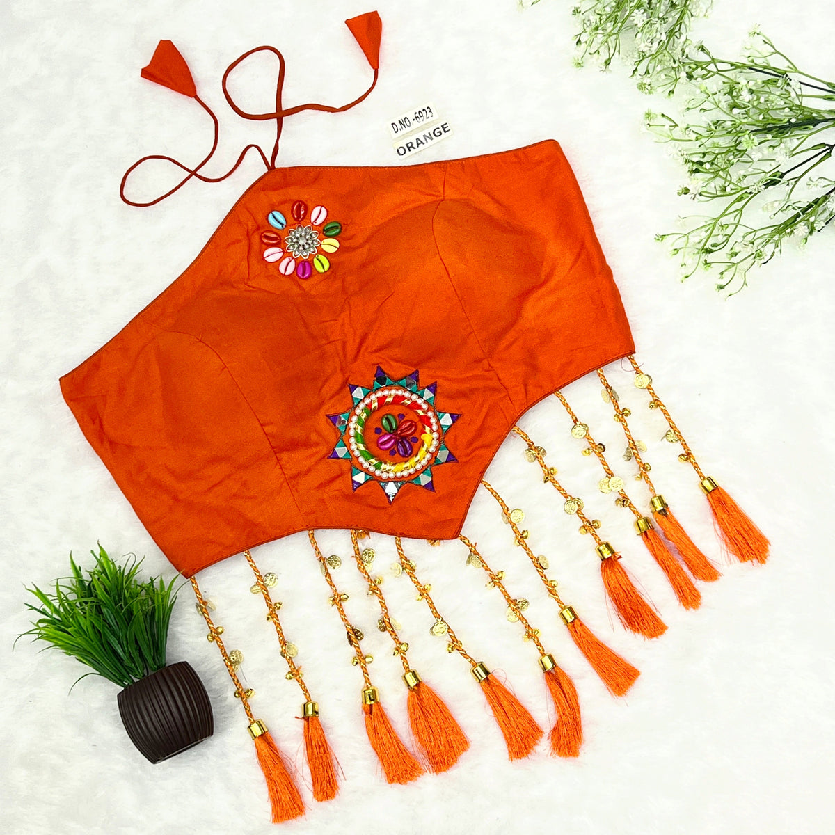 Navratri Halter Neck Bralette Blouse – Kodi & Mirror Work with Tassels (38"-44") - Des- 6923