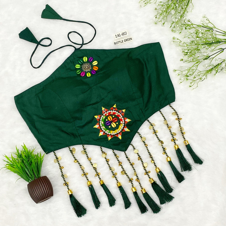 Navratri Halter Neck Bralette Blouse – Kodi & Mirror Work with Tassels (38"-44") - Des- 6923