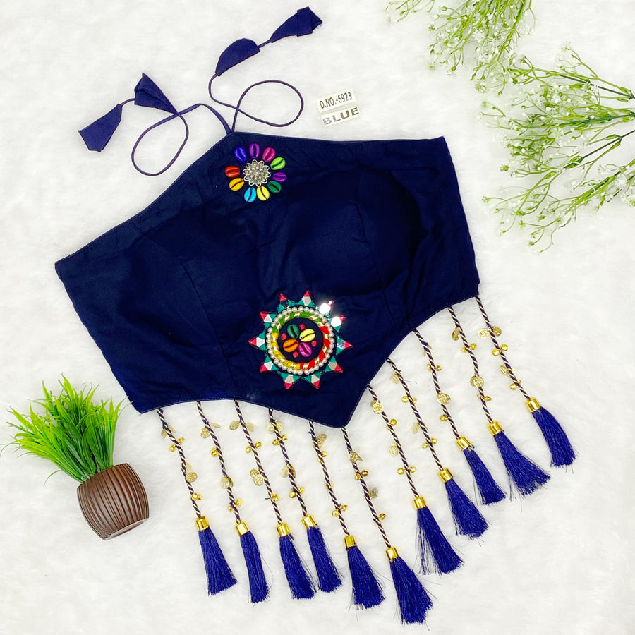 Navratri Halter Neck Bralette Blouse – Kodi & Mirror Work with Tassels (38"-44") - Des- 6923