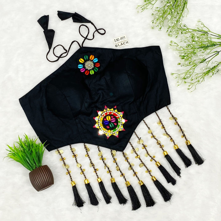 Navratri Halter Neck Bralette Blouse – Kodi & Mirror Work with Tassels (38"-44") - Des- 6923