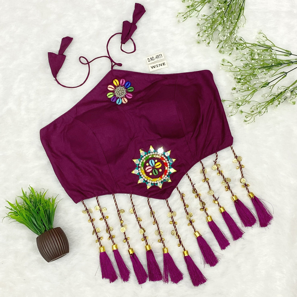 Navratri Halter Neck Bralette Blouse – Kodi & Mirror Work with Tassels (38"-44") - Des- 6923